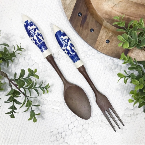 Unknown Other - Vintage Ceramic Wood Serveware Spoon & Fork